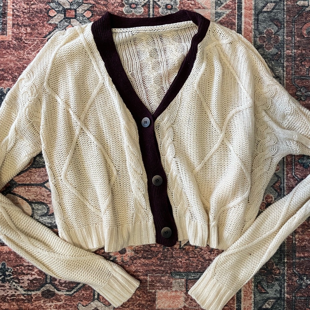 Cream Cable Knit Cardigan Sweater - Picture 4 of 6